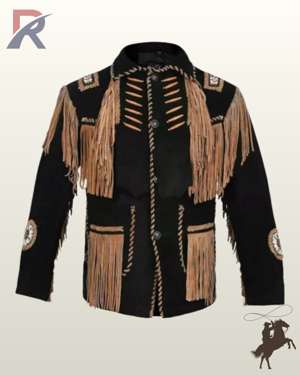 Traditional Native American style black suede fringed coat with tan fringe panels, bone beads, concho button closure, and beaded arm medallions.