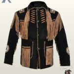 Traditional Native American style black suede fringed coat with tan fringe panels, bone beads, concho button closure, and beaded arm medallions.
