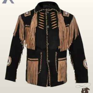 Traditional Native American style black suede fringed coat with tan fringe panels, bone beads, concho button closure, and beaded arm medallions.