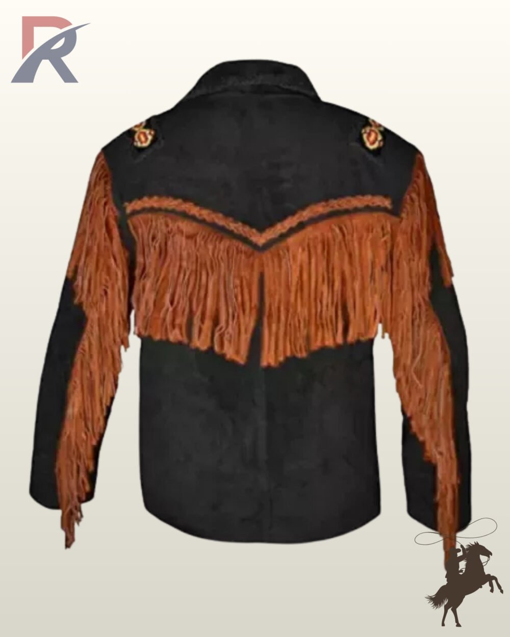 Back profile of a traditional Native American style black suede jacket displaying long rust fringe, sleeve tassels, and whipstitched back seams.