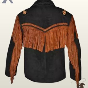Back profile of a traditional Native American style black suede jacket displaying long rust fringe, sleeve tassels, and whipstitched back seams.