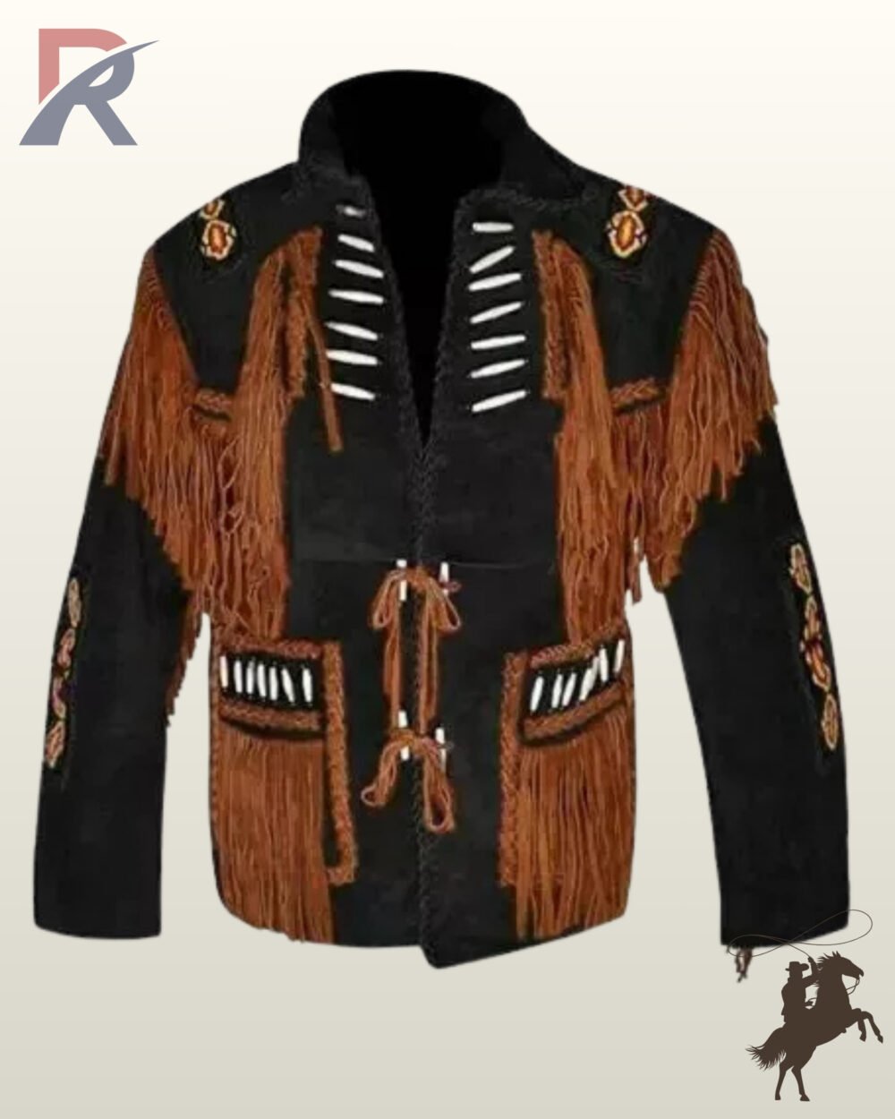 mens-black-terracotta-suede-western-fringe-jacket-front.jpg Traditional Native American style black suede fringed coat with rust red fringe, bone bead detailing, whipstitched pockets, and beaded shoulder patches.