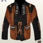 Traditional Native American style black suede fringed coat with rust red fringe, bone bead detailing, whipstitched pockets, and beaded shoulder patches.