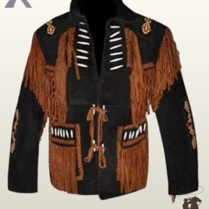 Traditional Native American style black suede fringed coat with rust red fringe, bone bead detailing, whipstitched pockets, and beaded shoulder patches.