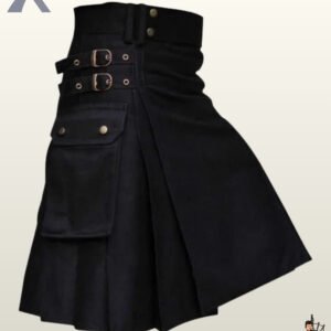 Side view of a men's black utility kilt featuring double brass waist buckles with grommeted straps and a large cargo pocket.