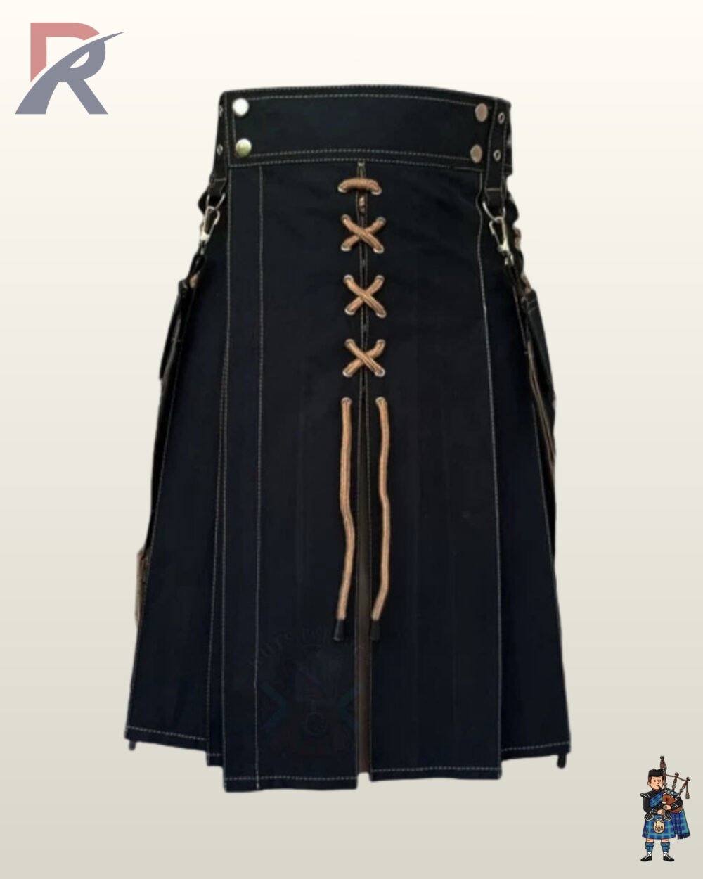 Men's black tactical kilt featuring wide waistband belt loops, clip-on side pockets, and beige cord accents.