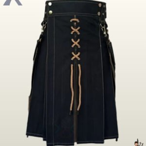 Men's black tactical kilt featuring wide waistband belt loops, clip-on side pockets, and beige cord accents.