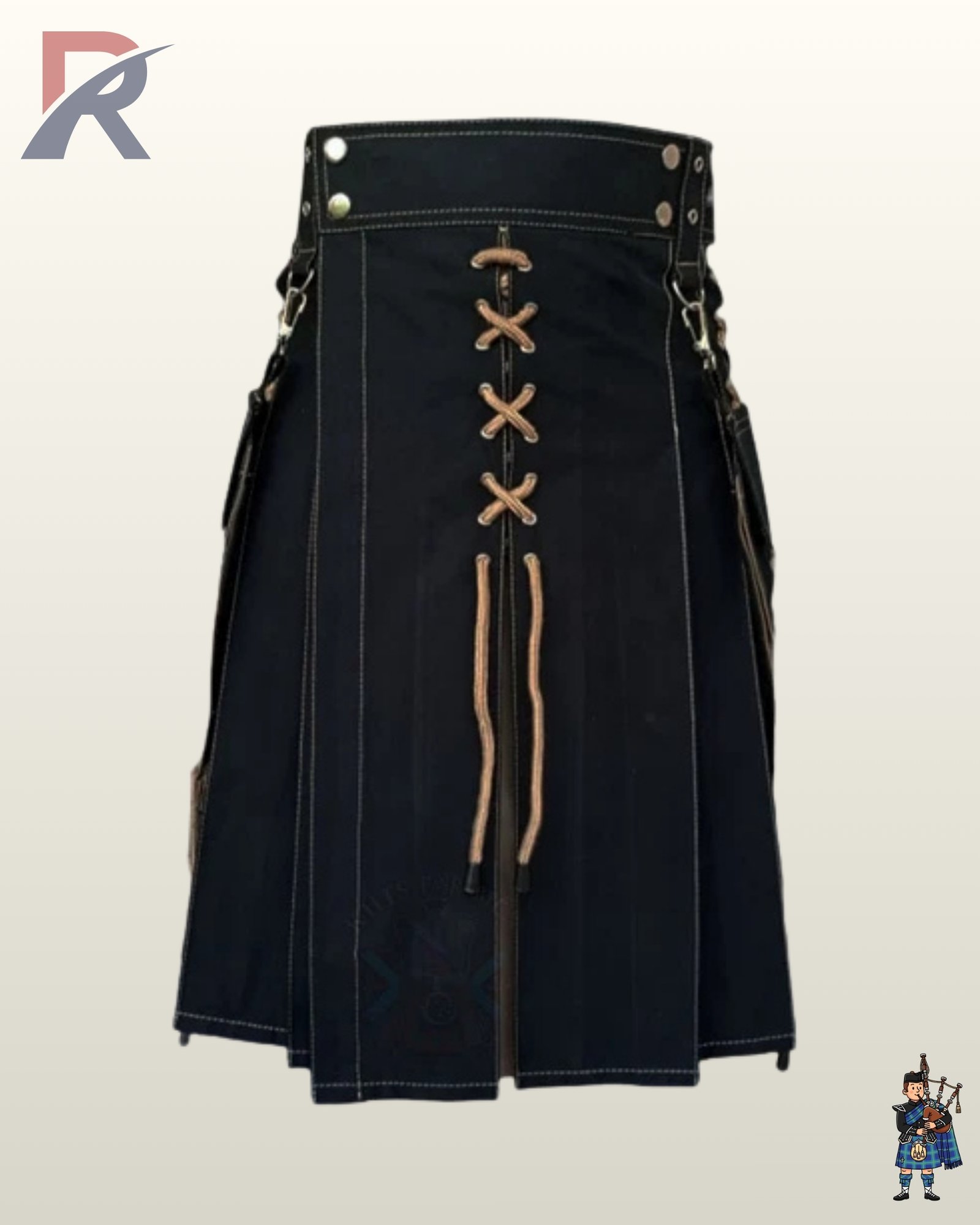 Men's black tactical kilt featuring wide waistband belt loops, clip-on side pockets, and beige cord accents.