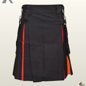 Heavy-duty black utility kilt with multicolor pleated underlays, snap closures, and a removable side pocket.