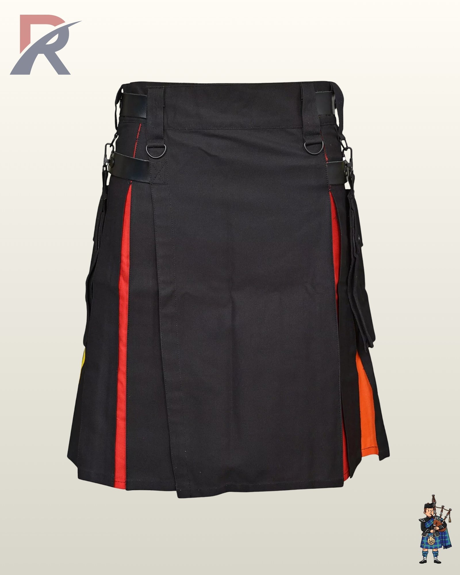 Heavy-duty black utility kilt with multicolor pleated underlays, snap closures, and a removable side pocket.