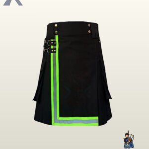 Front-side view of a men's black utility kilt featuring high-visibility lime green reflective tape along the apron border.