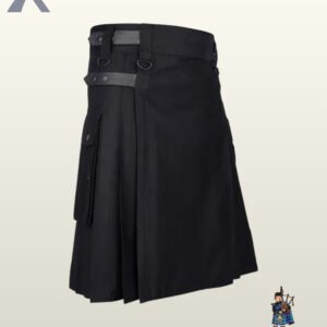 Men's heavy-duty black canvas tactical kilt styled with flap-closure cargo pouches and waist hardware.