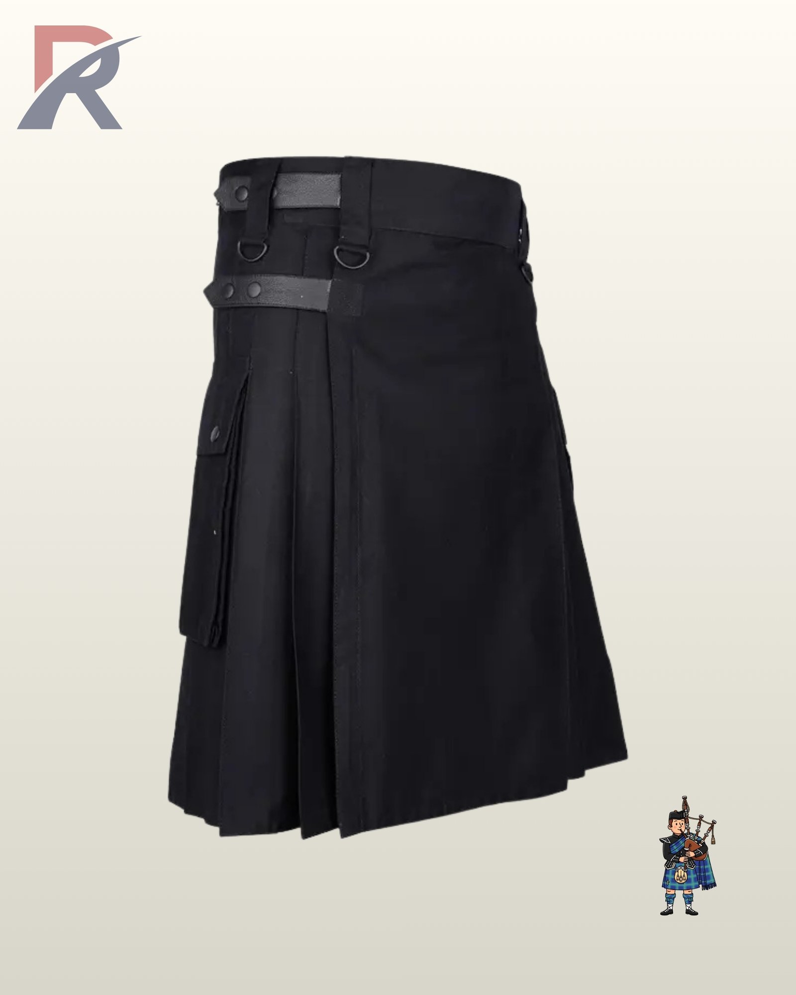 Men's heavy-duty black canvas tactical kilt styled with flap-closure cargo pouches and waist hardware.