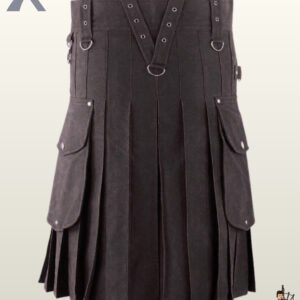 Front view of a men's all-black utility kilt featuring a V-shaped front apron with silver eyelet straps.