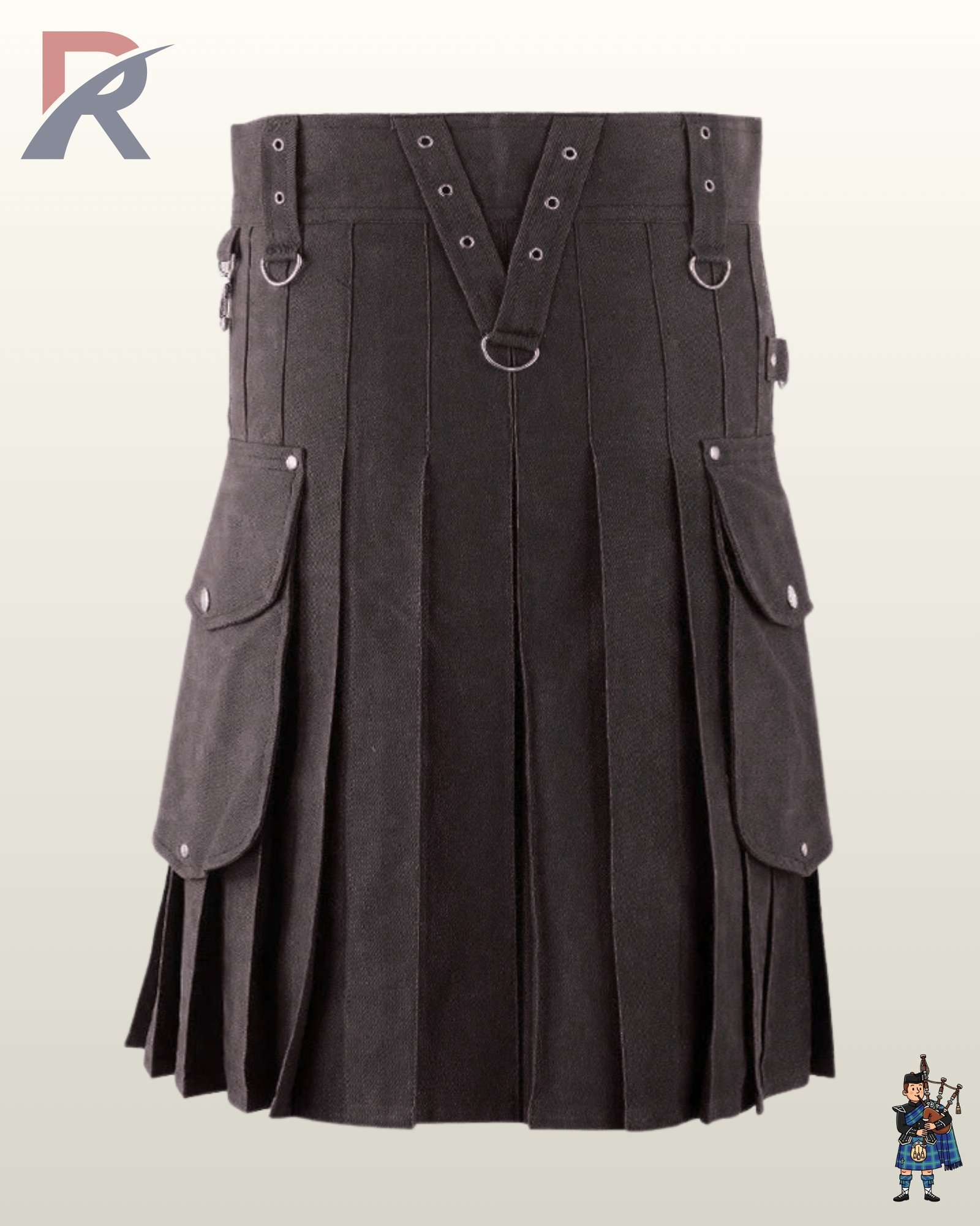 Front view of a men's all-black utility kilt featuring a V-shaped front apron with silver eyelet straps.