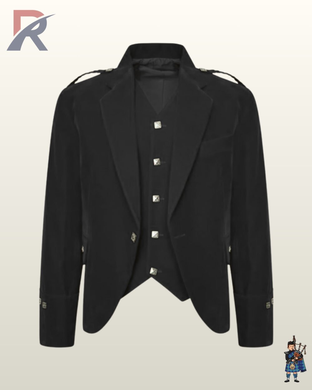 Front view of a men's classic black velvet Argyle kilt jacket paired with a matching 5-button velvet waistcoat.