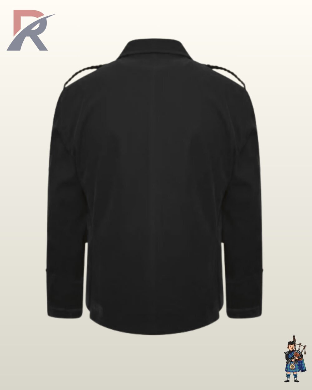 Rear view of a men's black velvet Argyle kilt jacket showing braided shoulder epaulets and a tailored back panel.