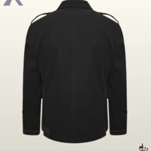 Rear view of a men's black velvet Argyle kilt jacket showing braided shoulder epaulets and a tailored back panel.