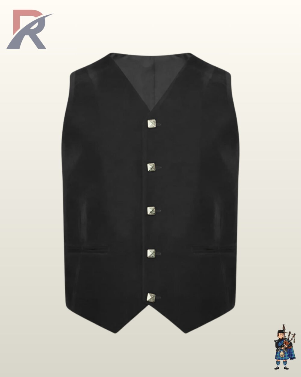 Front view of a men's classic black velvet 5-button Argyle kilt waistcoat featuring square silver buttons and welt pockets.