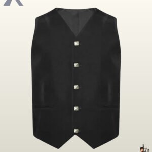 Front view of a men's classic black velvet 5-button Argyle kilt waistcoat featuring square silver buttons and welt pockets.