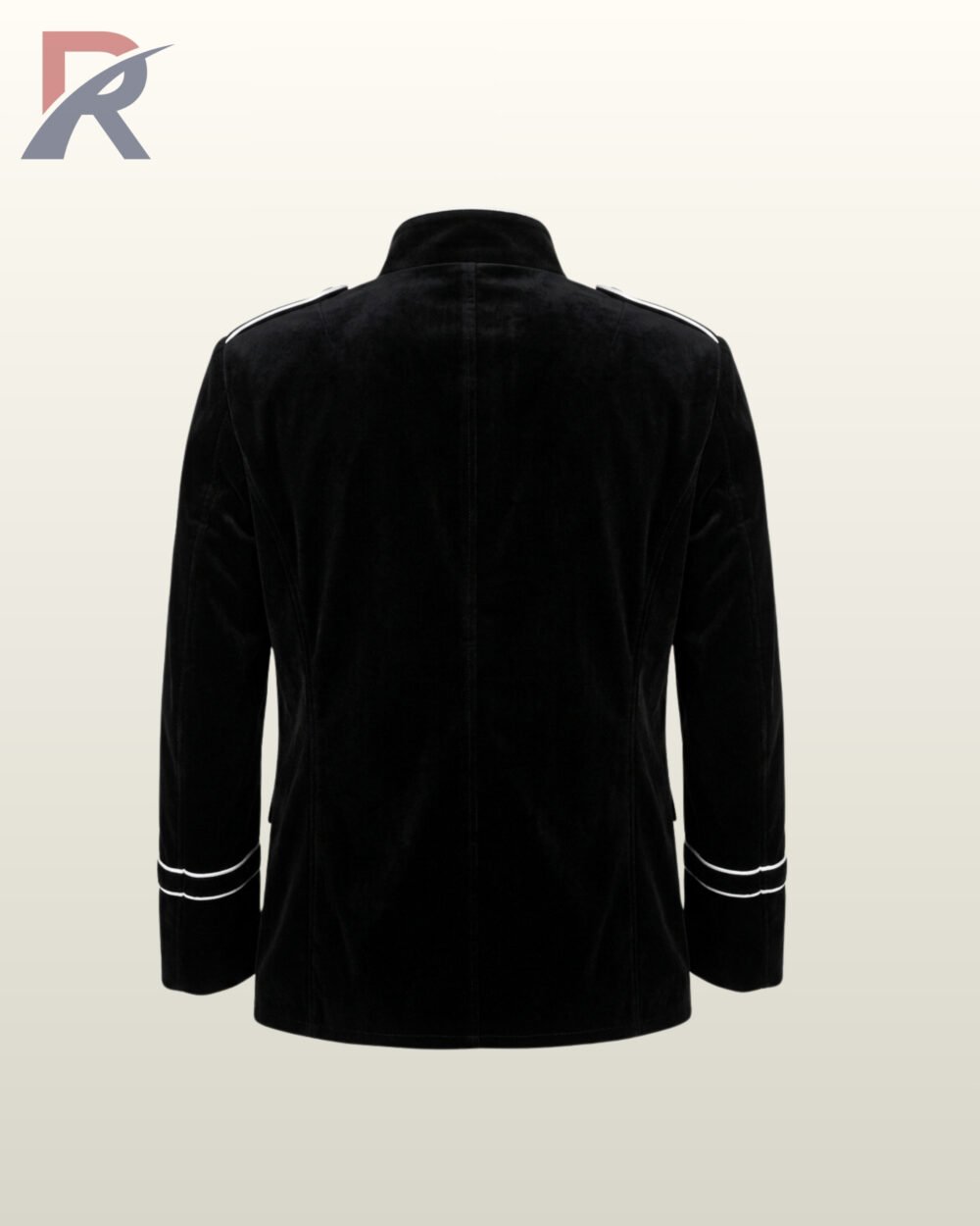 Direct rear flat product view of a men's black velvet military officer jacket displaying white piping along shoulder epaulets and dual white sleeve bands.