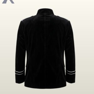 Direct rear flat product view of a men's black velvet military officer jacket displaying white piping along shoulder epaulets and dual white sleeve bands.