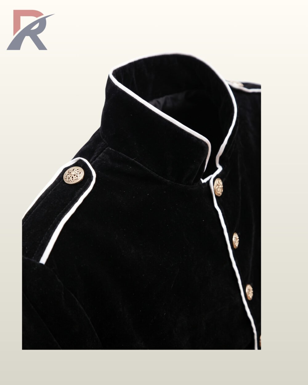 Macro detail shot showcasing white piping along the neck rim, shoulder strap, and front button placket of a men's Victorian officer tunic.