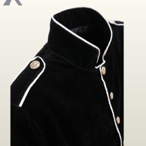 Macro detail shot showcasing white piping along the neck rim, shoulder strap, and front button placket of a men's Victorian officer tunic.