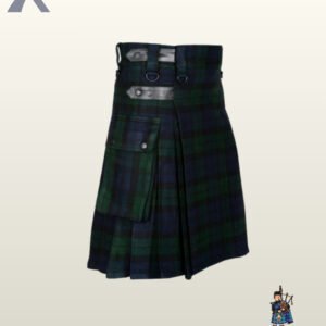 Side view of a men's Black Watch tartan utility kilt featuring a large flap-closure cargo pocket and black leather straps.