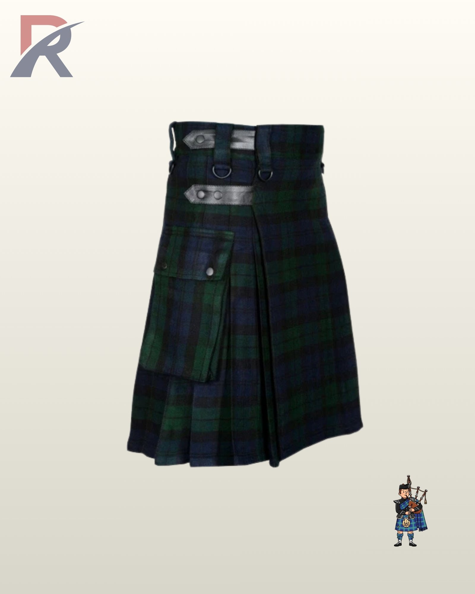 Side view of a men's Black Watch tartan utility kilt featuring a large flap-closure cargo pocket and black leather straps.