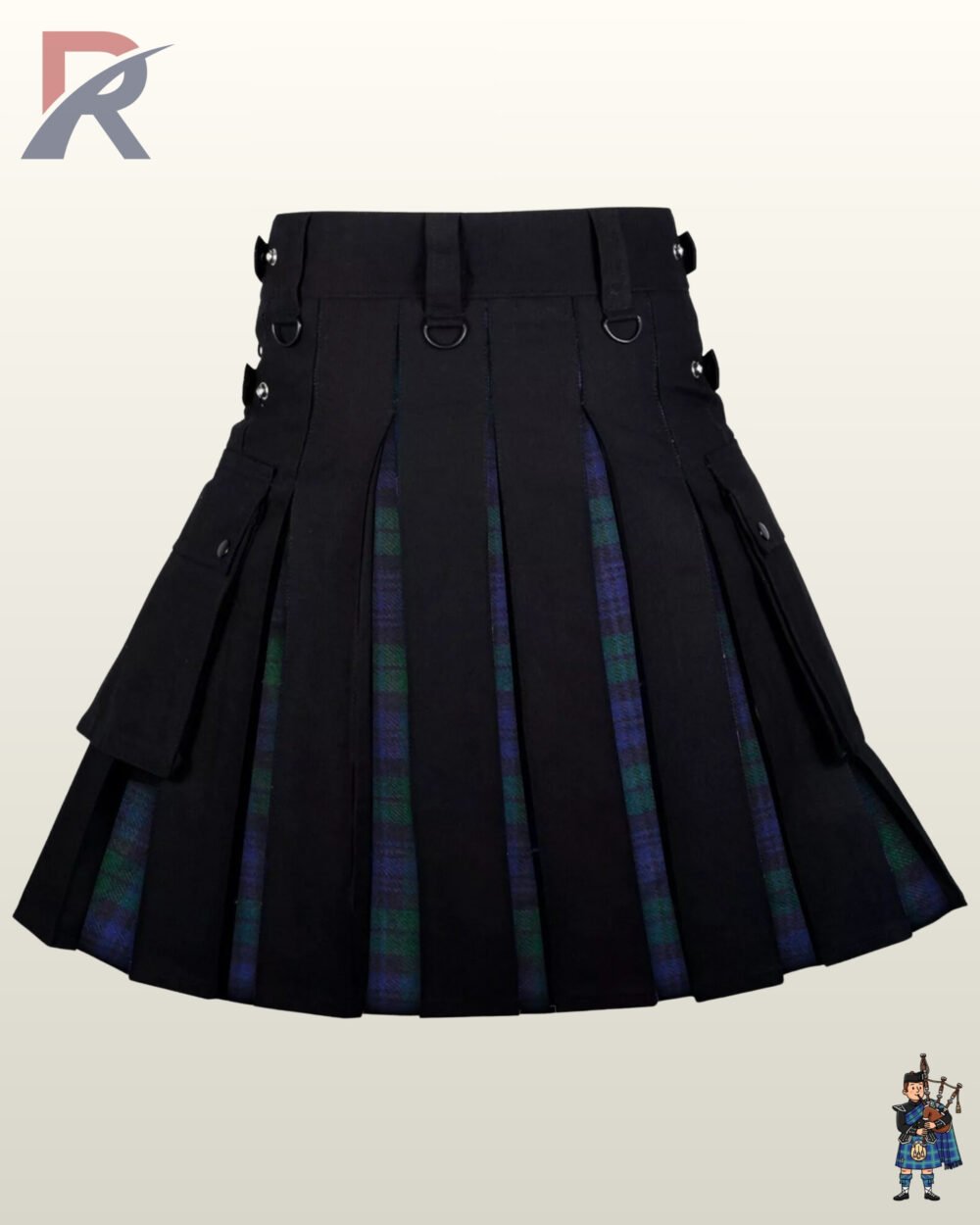 Front view of a men's black utility kilt featuring classic dark green Black Watch tartan inner pleats.