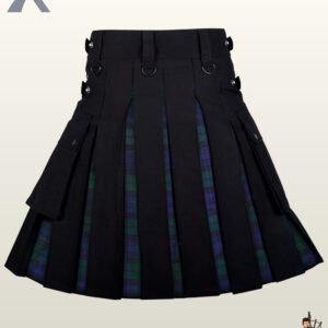 Front view of a men's black utility kilt featuring classic dark green Black Watch tartan inner pleats.