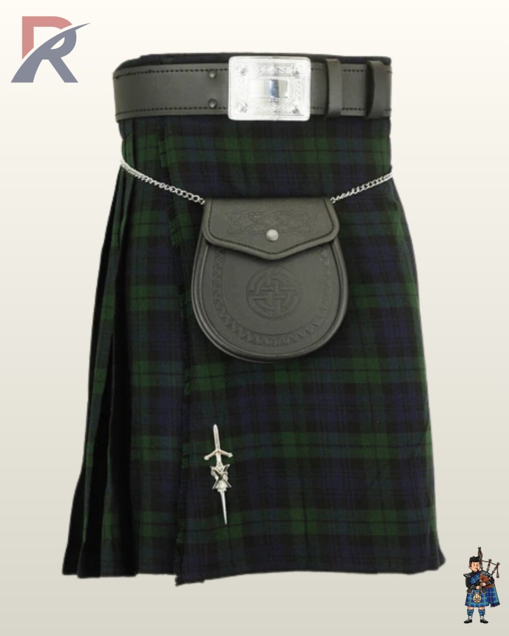 Men's Black Watch tartan kilt outfit complete with black leather belt, embossed sporran, and silver kilt pin.