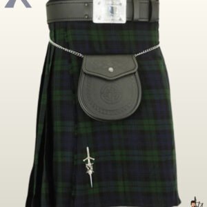 Men's Black Watch tartan kilt outfit complete with black leather belt, embossed sporran, and silver kilt pin.