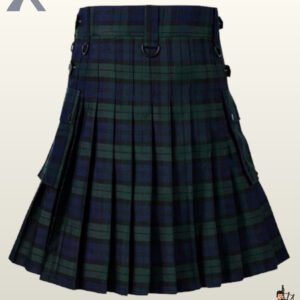 Rear view of a men's Black Watch tartan utility kilt displaying crisp back pleats, cargo pockets, and waistband D-rings.