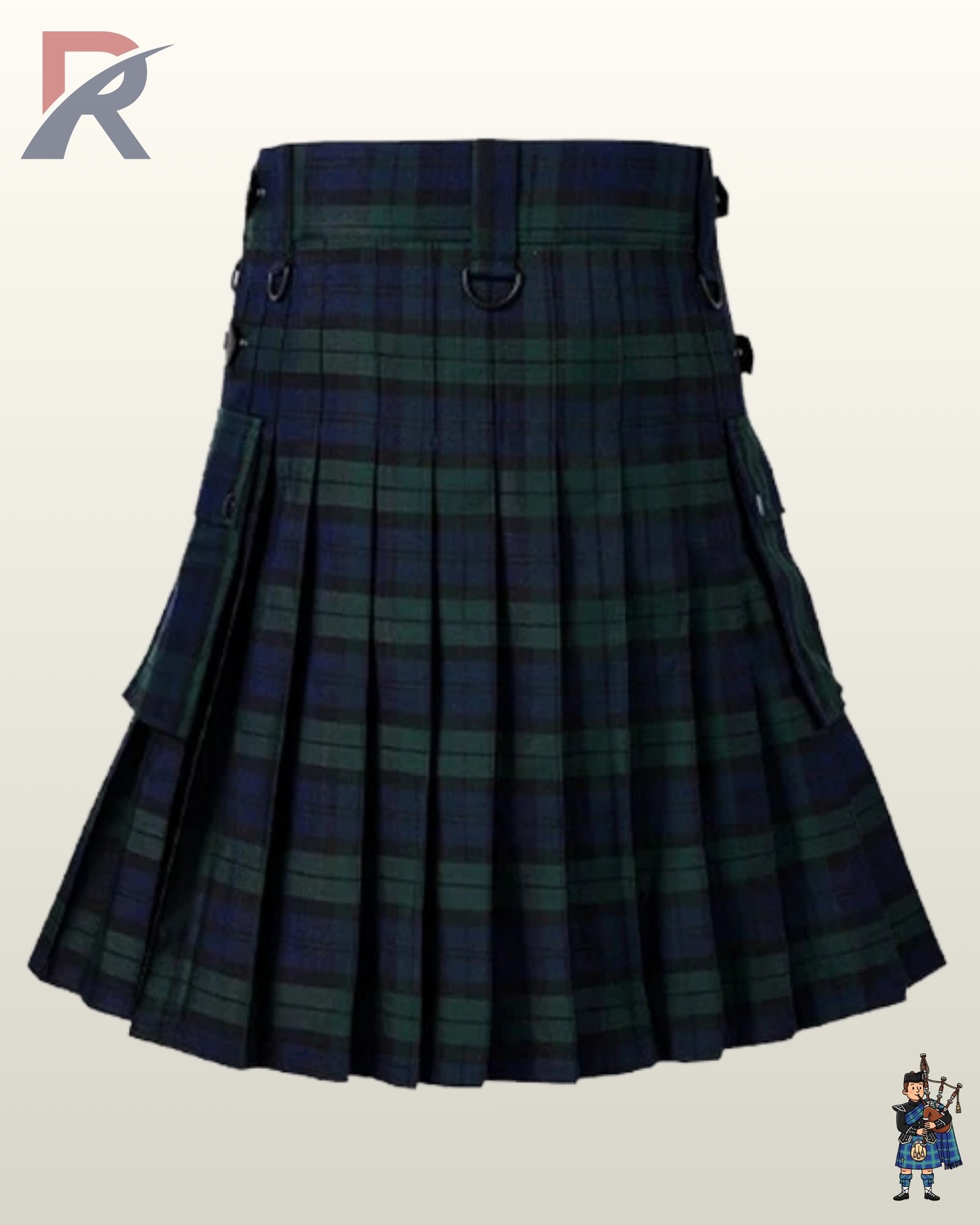 Rear view of a men's Black Watch tartan utility kilt displaying crisp back pleats, cargo pockets, and waistband D-rings.