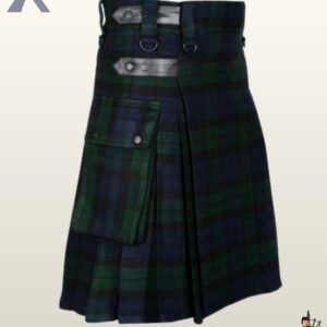 Men's traditional dark green and blue Black Watch tartan tactical kilt showing rear pleating and side cargo pouches.
