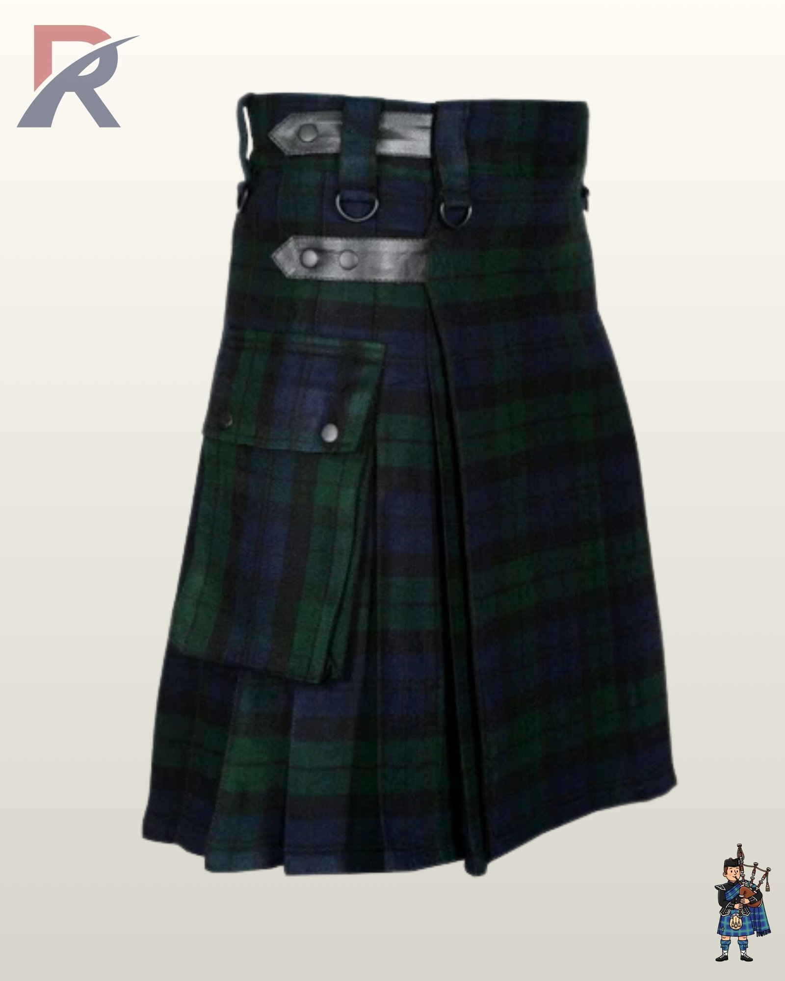 Men's traditional dark green and blue Black Watch tartan tactical kilt showing rear pleating and side cargo pouches.