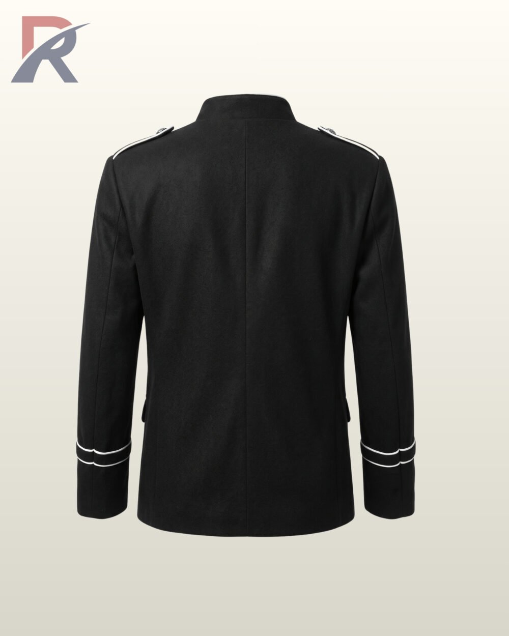 Flat catalog display of the back of a men's dark Victorian parade overcoat featuring structured shoulder seams, high collar back, and white contrast piping.