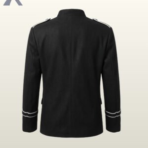 Flat catalog display of the back of a men's dark Victorian parade overcoat featuring structured shoulder seams, high collar back, and white contrast piping.