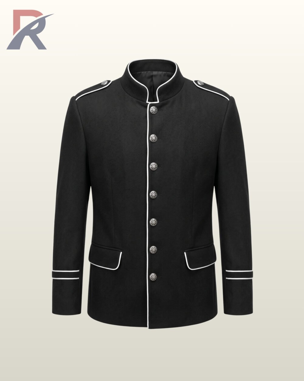 Direct front product view of a men's black wool military officer jacket featuring white contrast piping edges, standing mandarin collar, and silver filigree buttons.