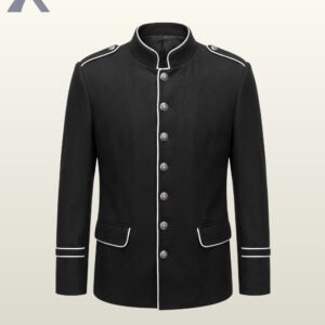 Direct front product view of a men's black wool military officer jacket featuring white contrast piping edges, standing mandarin collar, and silver filigree buttons.