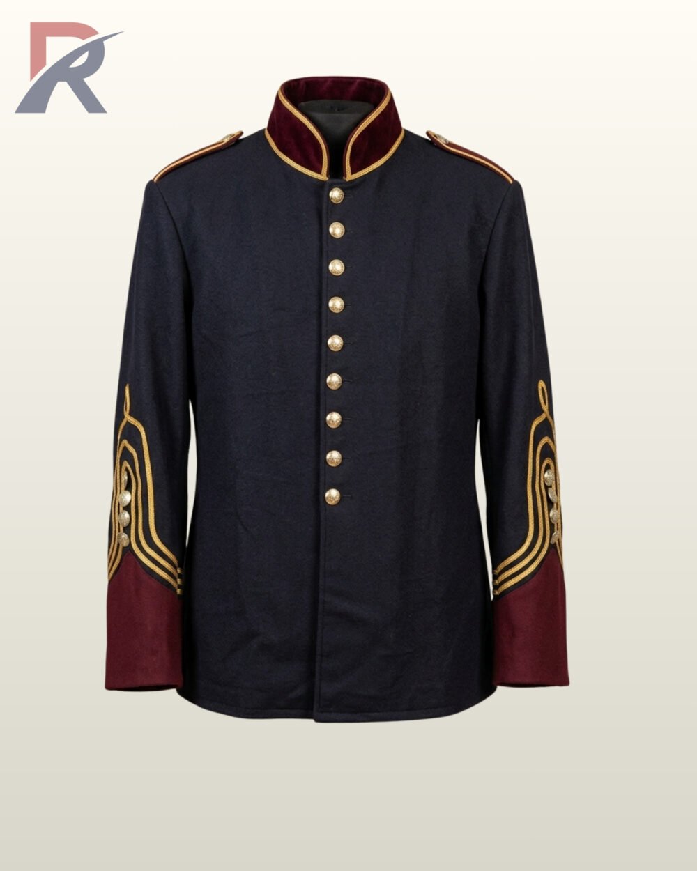Direct front mannequin view of a men's black wool military officer tunic featuring burgundy velvet collar, gold sleeve braid loops, and brass buttons.