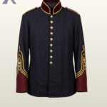 Direct front mannequin view of a men's black wool military officer tunic featuring burgundy velvet collar, gold sleeve braid loops, and brass buttons.