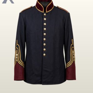Direct front mannequin view of a men's black wool military officer tunic featuring burgundy velvet collar, gold sleeve braid loops, and brass buttons.