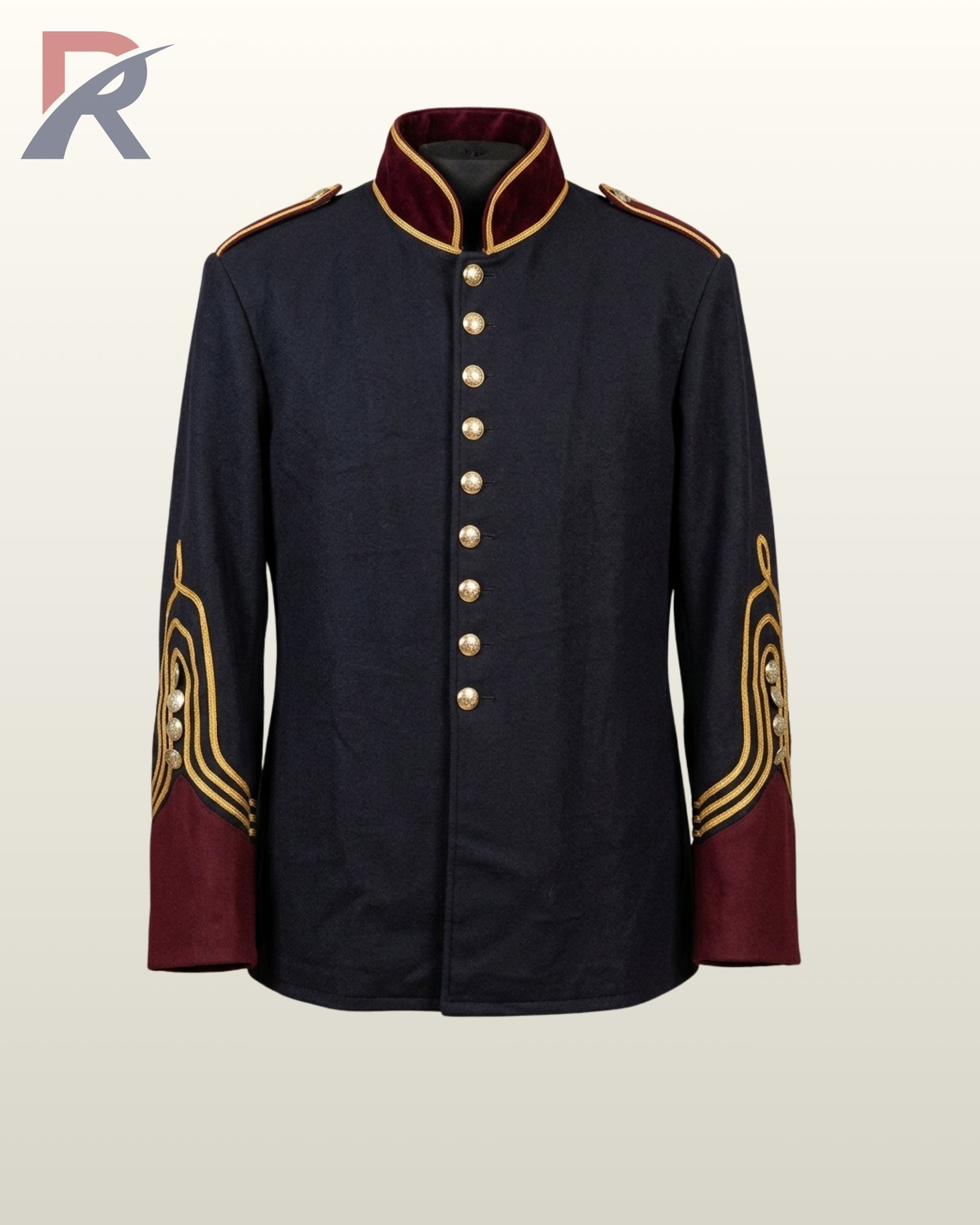 Direct front mannequin view of a men's black wool military officer tunic featuring burgundy velvet collar, gold sleeve braid loops, and brass buttons.