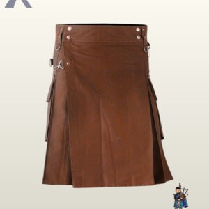 Front view of a men's brown utility kilt featuring a V-shaped front apron with eyelet straps and D-rings.
