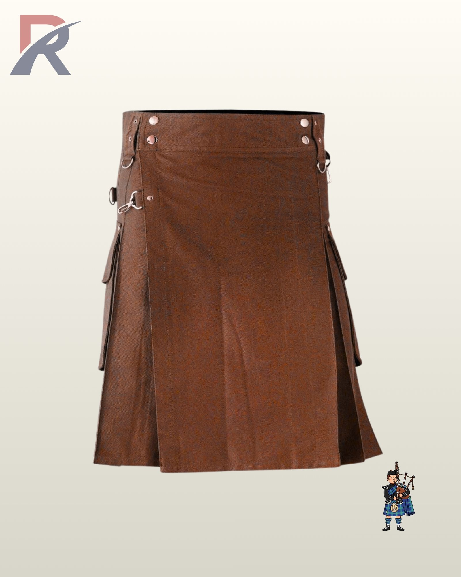 Front view of a men's brown utility kilt featuring a V-shaped front apron with eyelet straps and D-rings.