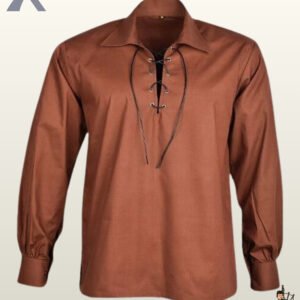 Front view of a men's rustic brown Jacobite ghillie shirt featuring a leather drawstring lace-up front.