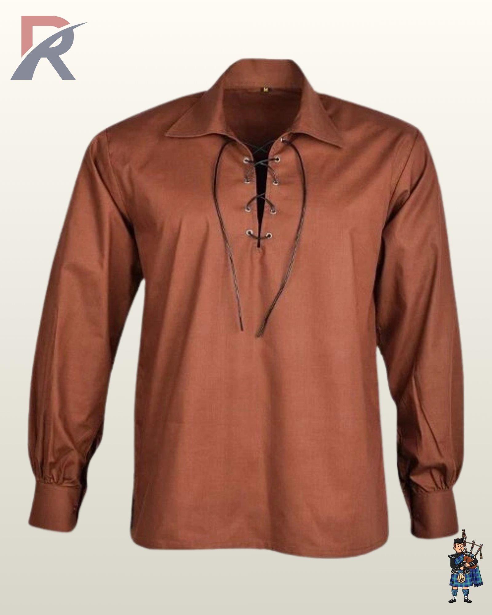 Front view of a men's rustic brown Jacobite ghillie shirt featuring a leather drawstring lace-up front.